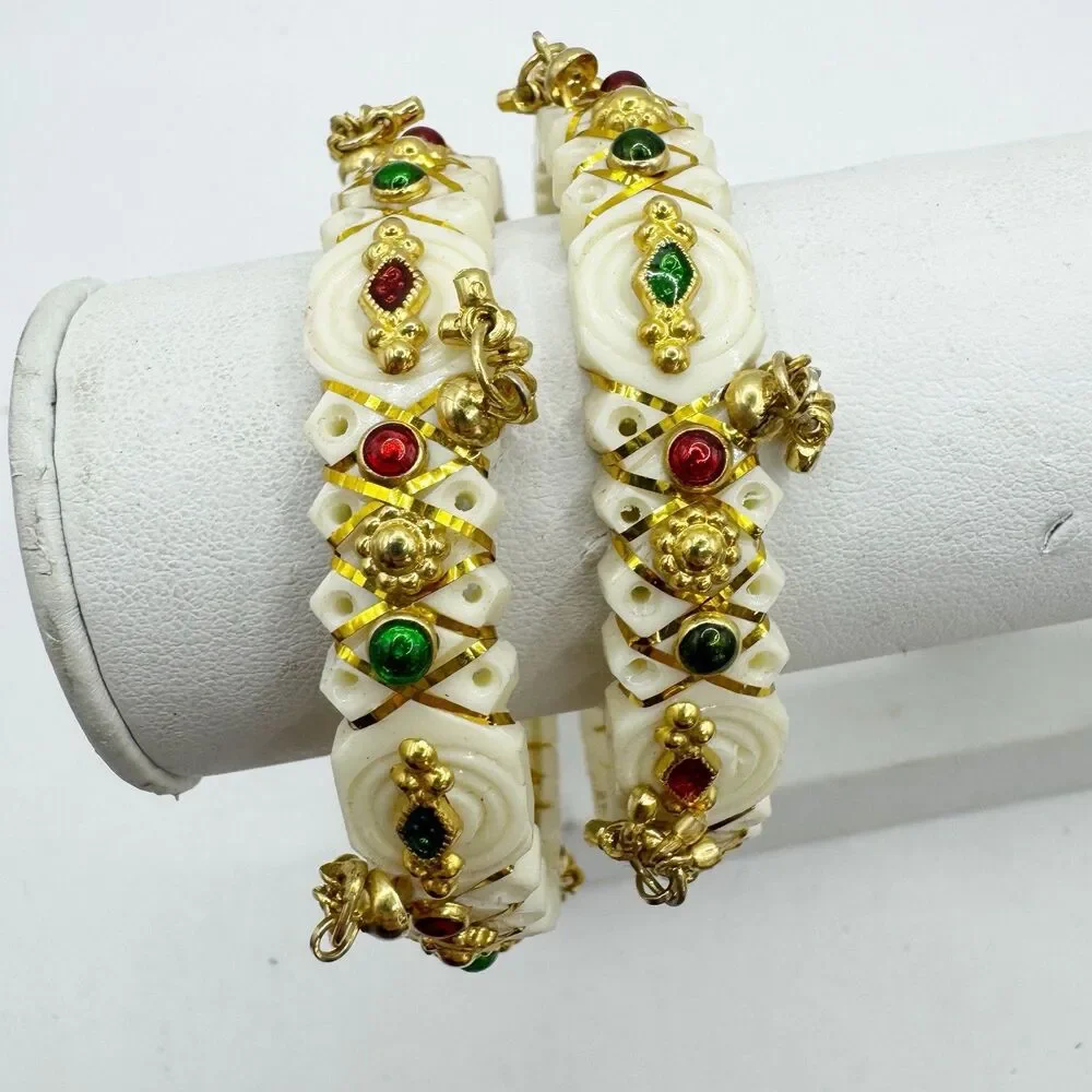 Traditional Indian Bridal Bangle Bracelets White Gold  Colorful Accents Set If 2